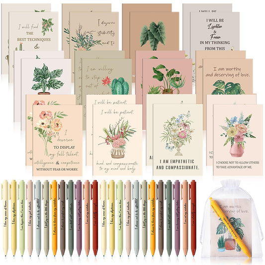 Mooliwe 48 Pcs Positive Affirmation Gift Set Gratitude Notebooks with Pens and Small Bags Motivational Encouragement Notepads Daily Affirmations Journal for Women Stress Relief Self Care Gift (Flower)