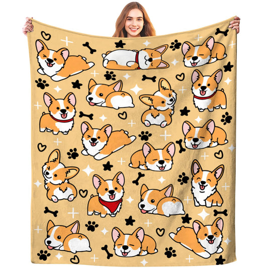 Cute Corgi Pattern Flannel Throw Blanket – Soft Lightweight Large 80"x60" – Cosy Gift for Corgi Lovers, Carers & Families