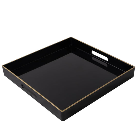 Black Square Decorative Serving Tray with Gold Rims & Handles – Modern Home Organiser & Carer Gift (13x13")