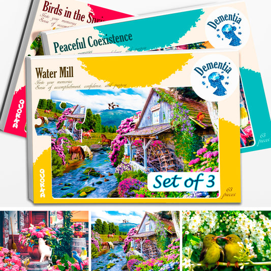 QUOKKA Large Piece Dementia Jigsaw Puzzles for Seniors – Set of 3, 63 Pieces, Birds & Cats – Alzheimer’s Activity Carer Gift