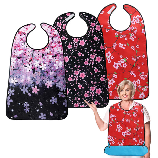 Waterproof Adult Bibs for Elderly Women — 3-Pack, Washable with Crumb Catcher
