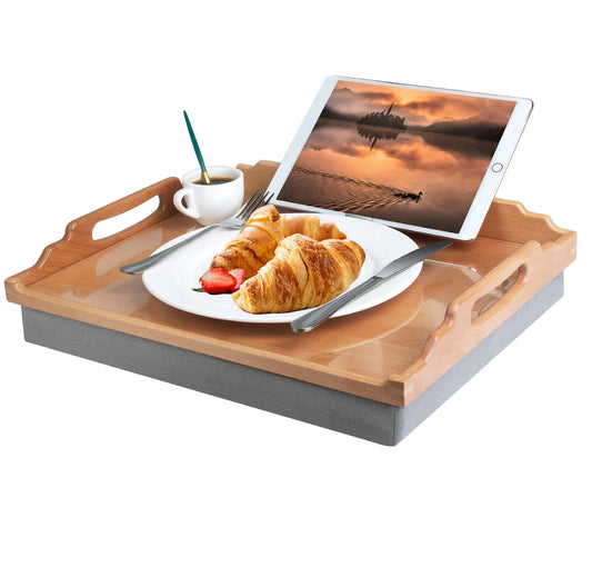 Wooden Lap Desk with Cushion – Beech Wood Bed Tray Table for Eating, Reading & Working – Carer Essential for Bed & Recliner