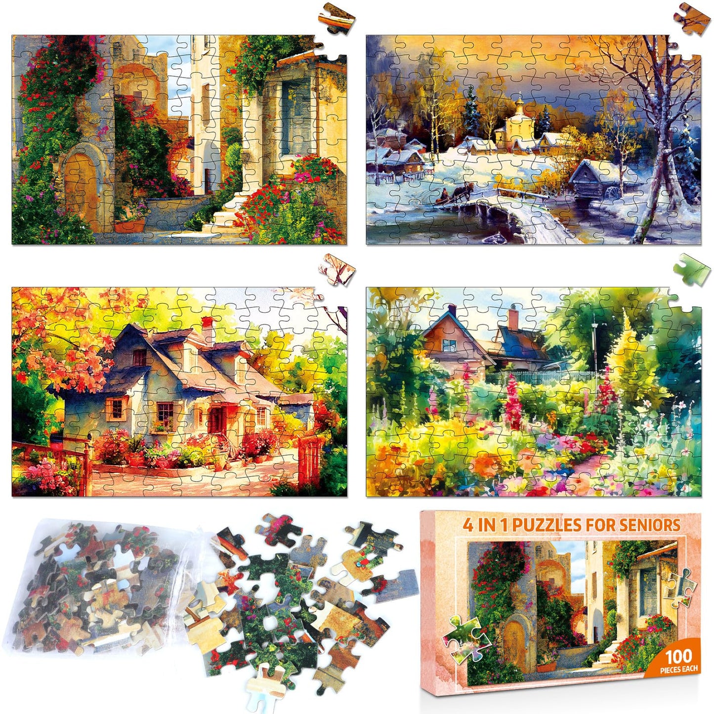 Dementia Puzzles for Elderly — 4-Pack of 100-Piece Country Life Jigsaws