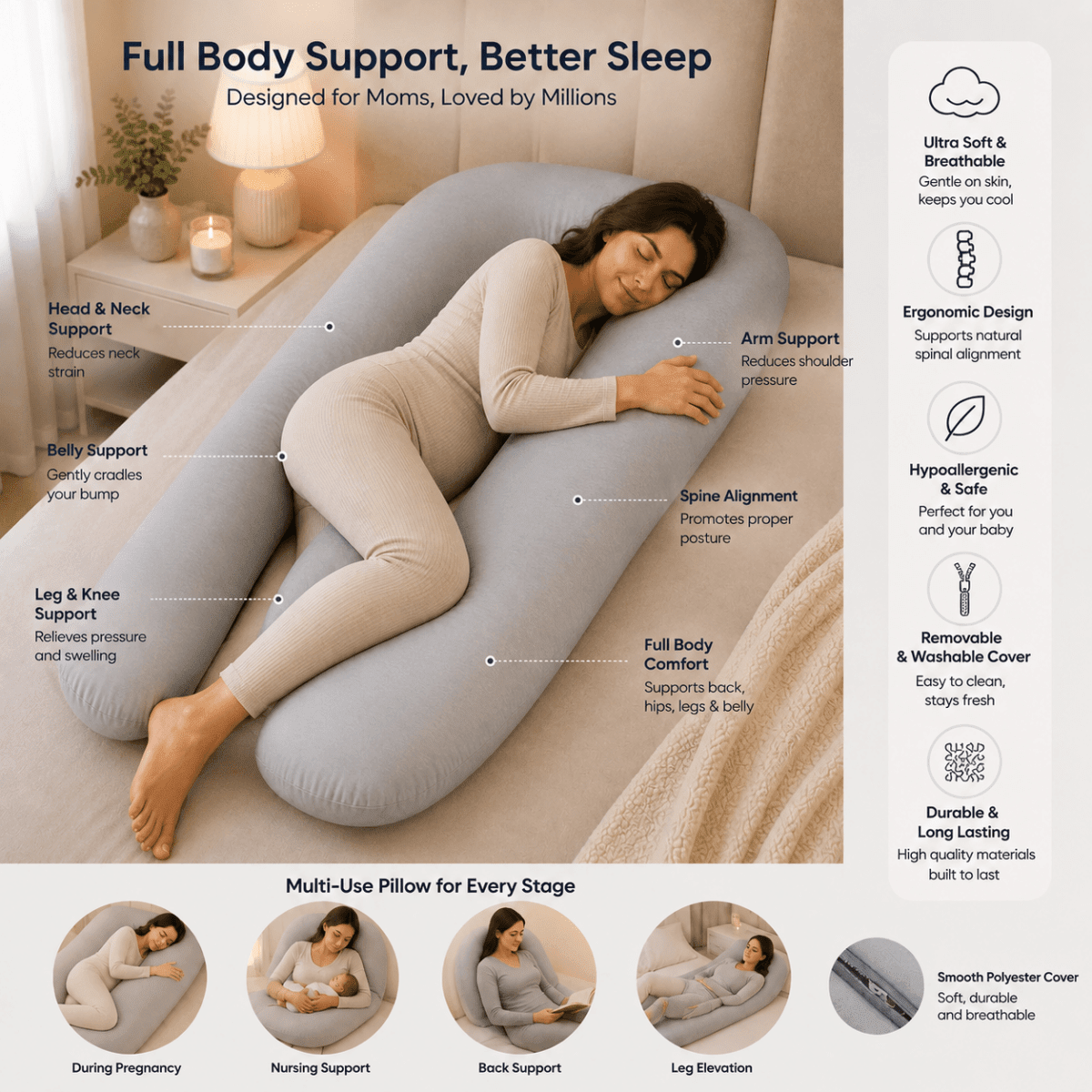 9ft Full Body Support Pillow & Case — Elderly, Recovery & Rest (Light Blue) - FamilyCarers.store