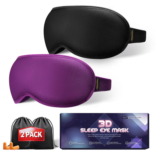 Weighted 3D Sleep Masks for Carers – Memory Foam, Blackout, Side Sleeper Friendly, Pack of 2 (Black & Purple)