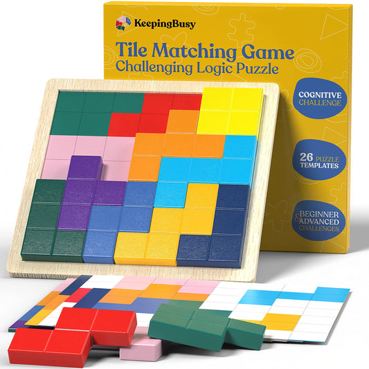 Tile Matching Memory Game for Dementia & Alzheimer’s – 26 Templates, 11 Wooden Pieces & Storage Box – Senior Activity Carer Gift