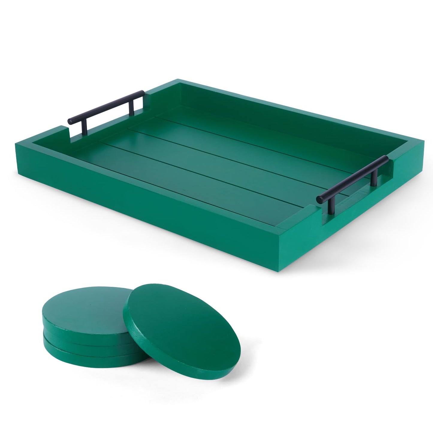 Ottoman Tray | Coffee Table Tray Decorative Serving Tray with Handles - 17x13 Inch Wood Tray for Coffee Table Tray - with 4 Wooden Coasters -Tray for Ottoman Breakfast