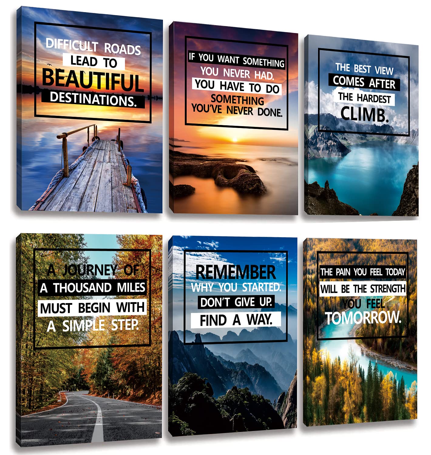 Inspirational Canvas Decoration Painting landscape Canvas Wall Art，Suitable for Library School GymOffice， Living Room Decor6-Pack，Tabletop/Hanging(20.32 x 25.4 cm) Framed
